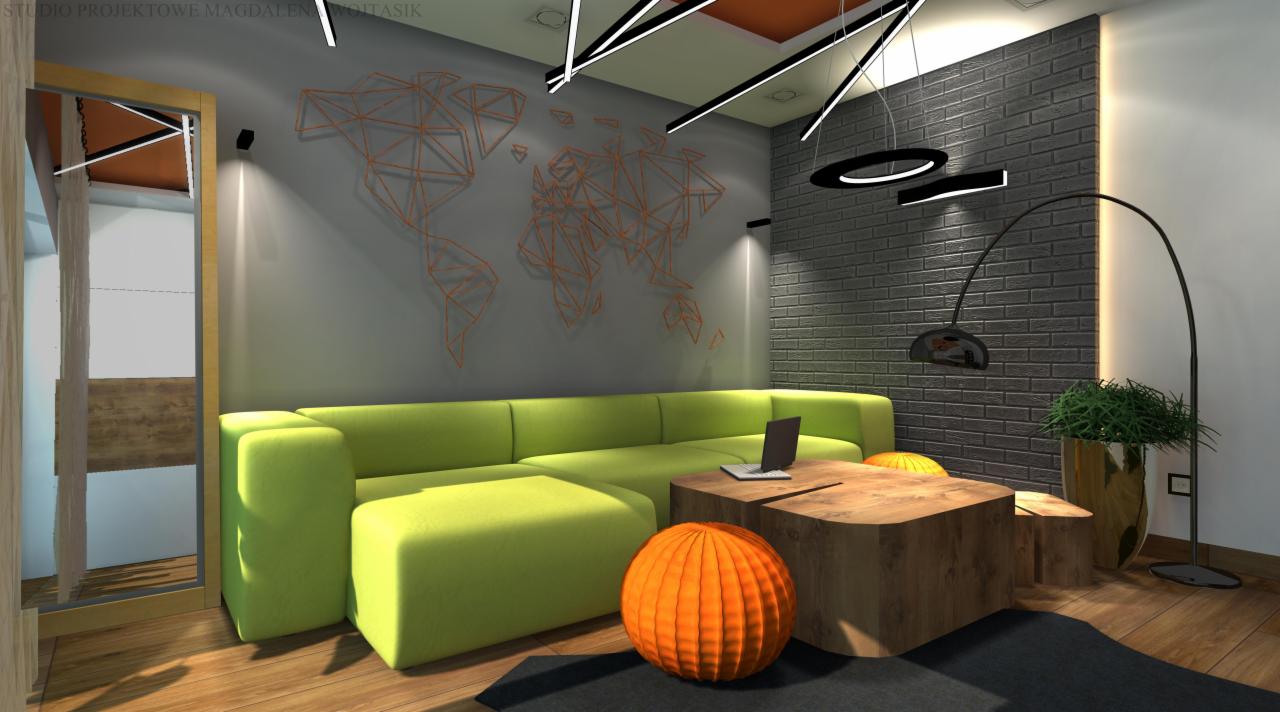 Wizualizacja biura: limonkowy narożnik, drewniany stolik z laptopem, dyniowa pufa, mapa świata na szarej ścianie, oświetlenie ledowe i lampa łukowa.