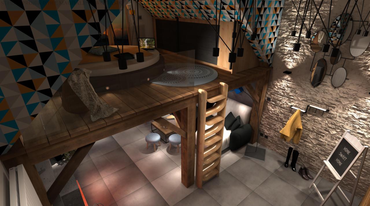 Wizualizacja loftowego wnętrza z drewnianą antresolą, okrągłym podestem i podwieszanymi lampami, uzupełniona o dekoracyjną ścianę z luster i tablicę z napisem 'Home Sweet Home'.