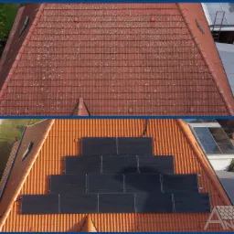 Porównanie dachu przed i po: górna część z czerwoną dachówką pokryta mchem i zabrudzeniami, dolna część z nowymi panelami słonecznymi ułożonymi schodkowo na czystej, pomarańczowej dachówce.