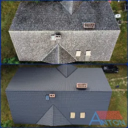 Porównanie dachu przed i po: górna część pokryta mchem i zabrudzeniami, dolna część odnowiona, pomalowana na szaro, widok z góry.