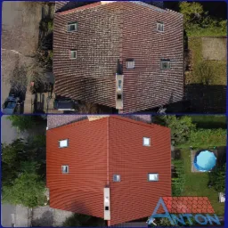 Porównanie dachu przed i po: górna część pokryta mchem i zabrudzeniami, dolna część z nową, czystą, czerwoną dachówką, widok z góry.