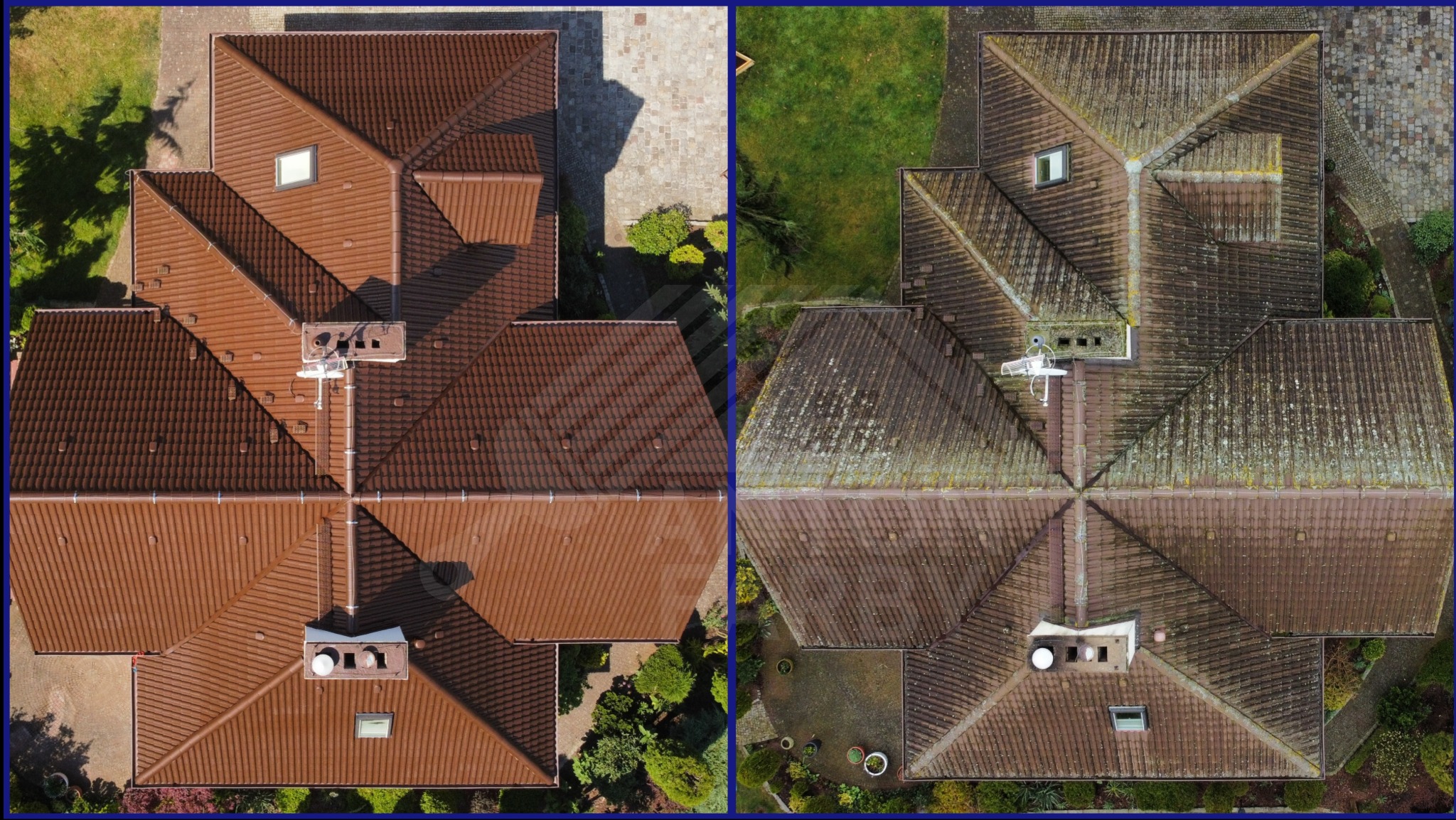 Zdjęcie dachu domu przed i po czyszczeniu, widok z góry. Po lewej dach po renowacji, po prawej dach pokryty mchem i zabrudzeniami. Kontrastowe zestawienie.