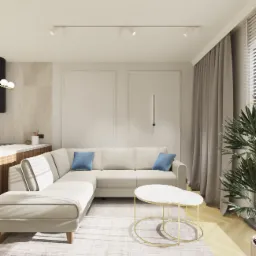 Jasny salon w Krakowie z narożnikiem, dywanem i stolikami kawowymi. Minimalistyczne oświetlenie punktowe i roślina doniczkowa dodają przytulności.