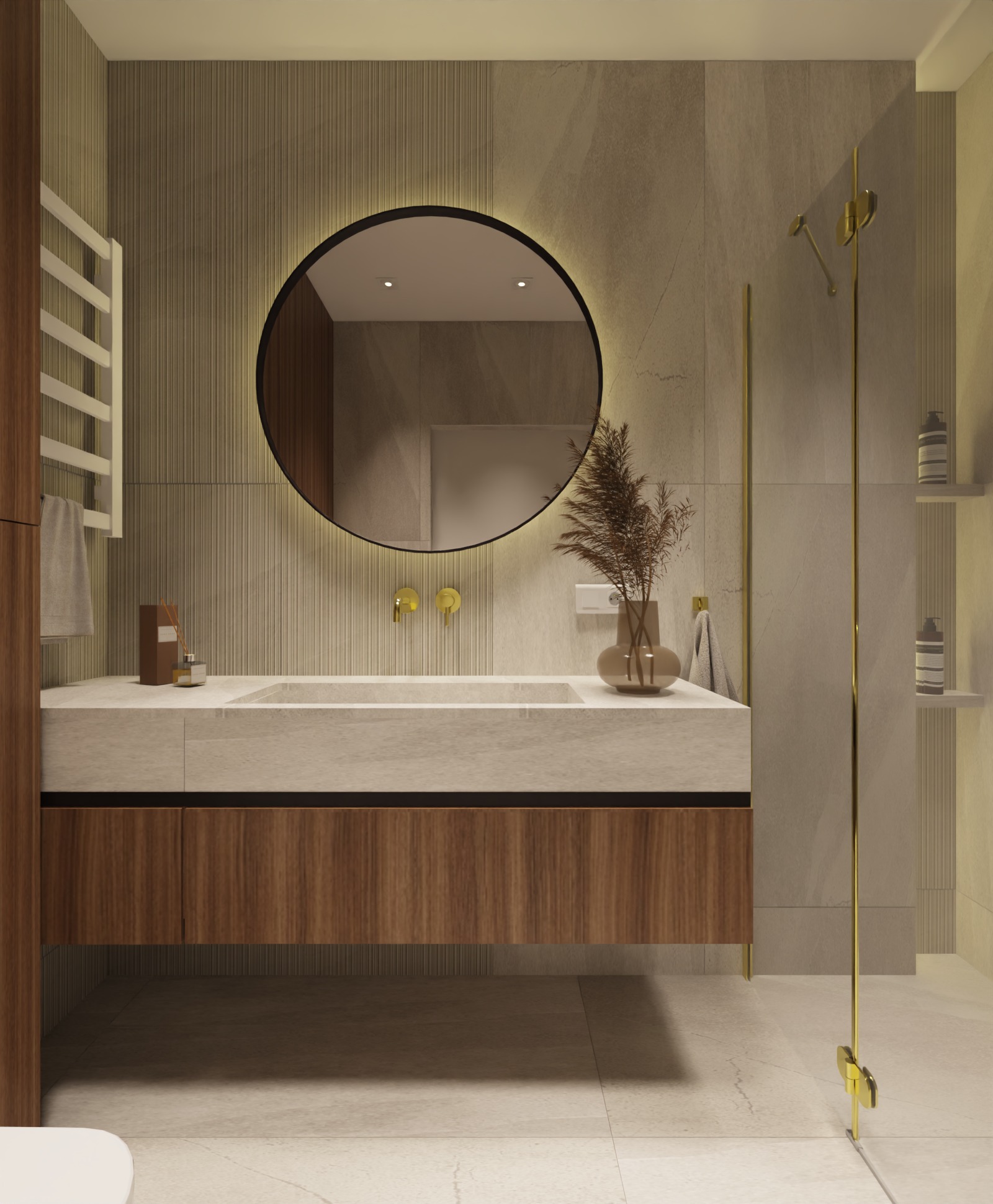 Elegancka łazienka z okrągłym lustrem podświetlanym LED, drewnianą szafką pod umywalką i szklanym panelem prysznicowym ze złotymi elementami.