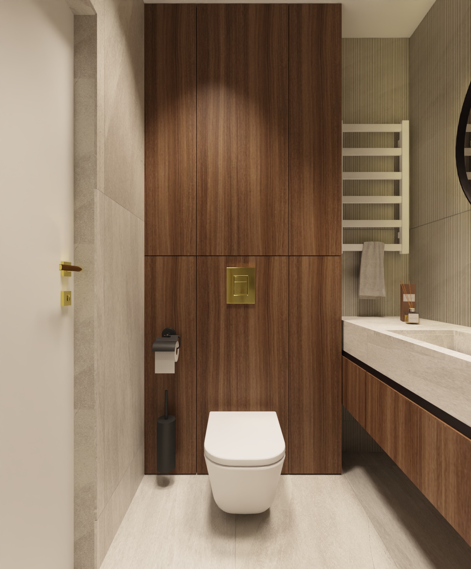 Nowoczesna łazienka z drewnianą zabudową, podwieszaną toaletą i grzejnikiem drabinkowym. Umywalka z blatem z jasnego kamienia, minimalistyczne dodatki i oświetlenie.