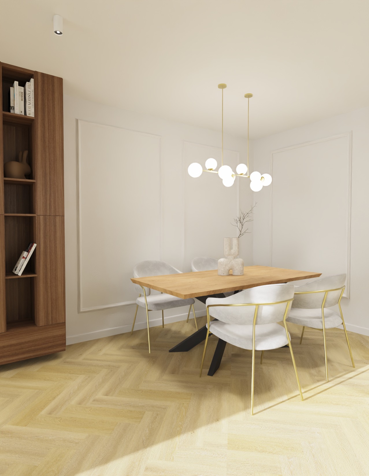 Nowoczesna jadalnia: drewniany stół z czarną podstawą, białe krzesła z złotymi nogami, designerska lampa, parkiet w jodełkę i regał z książkami.