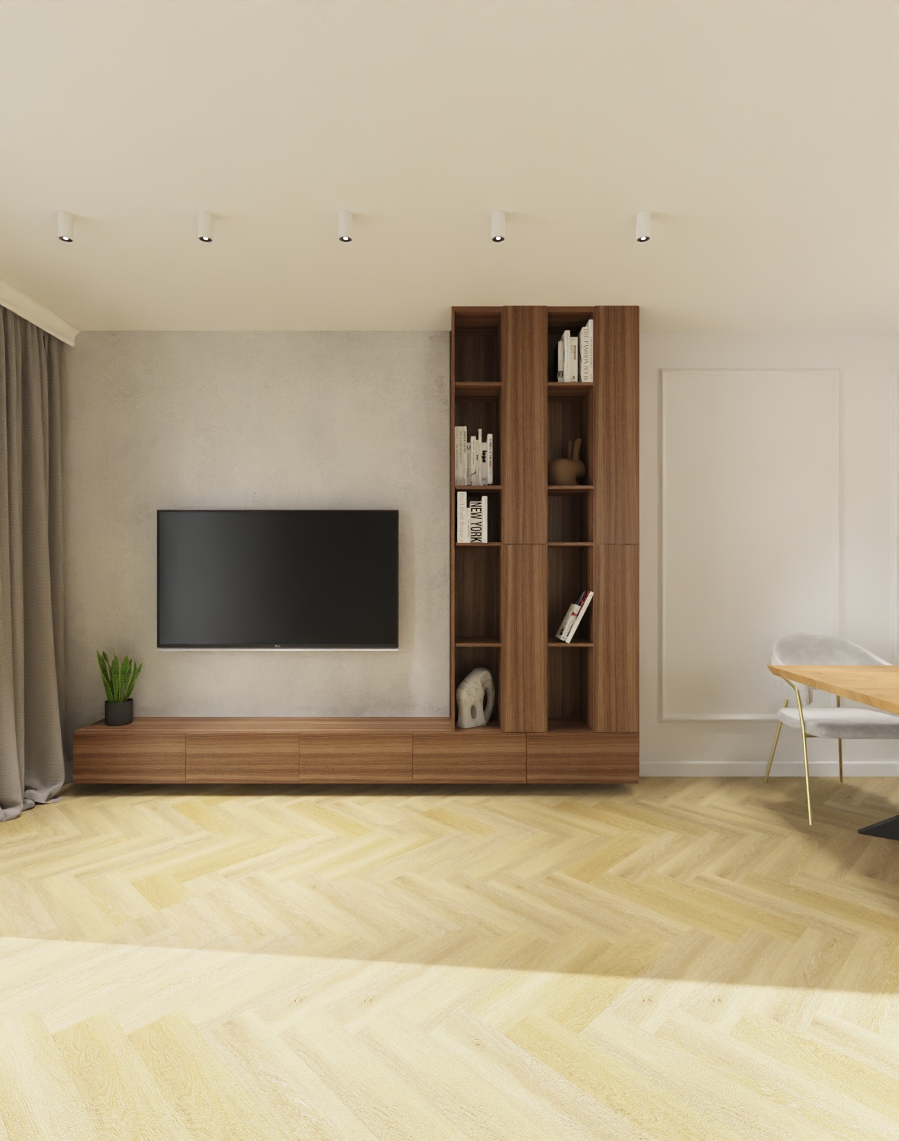 Salon z drewnianą podłogą w jodełkę, szafką RTV i regałem. Na ścianie telewizor, obok stół z krzesłami. Minimalistyczny styl, jasne wnętrze, delikatne oświetlenie.