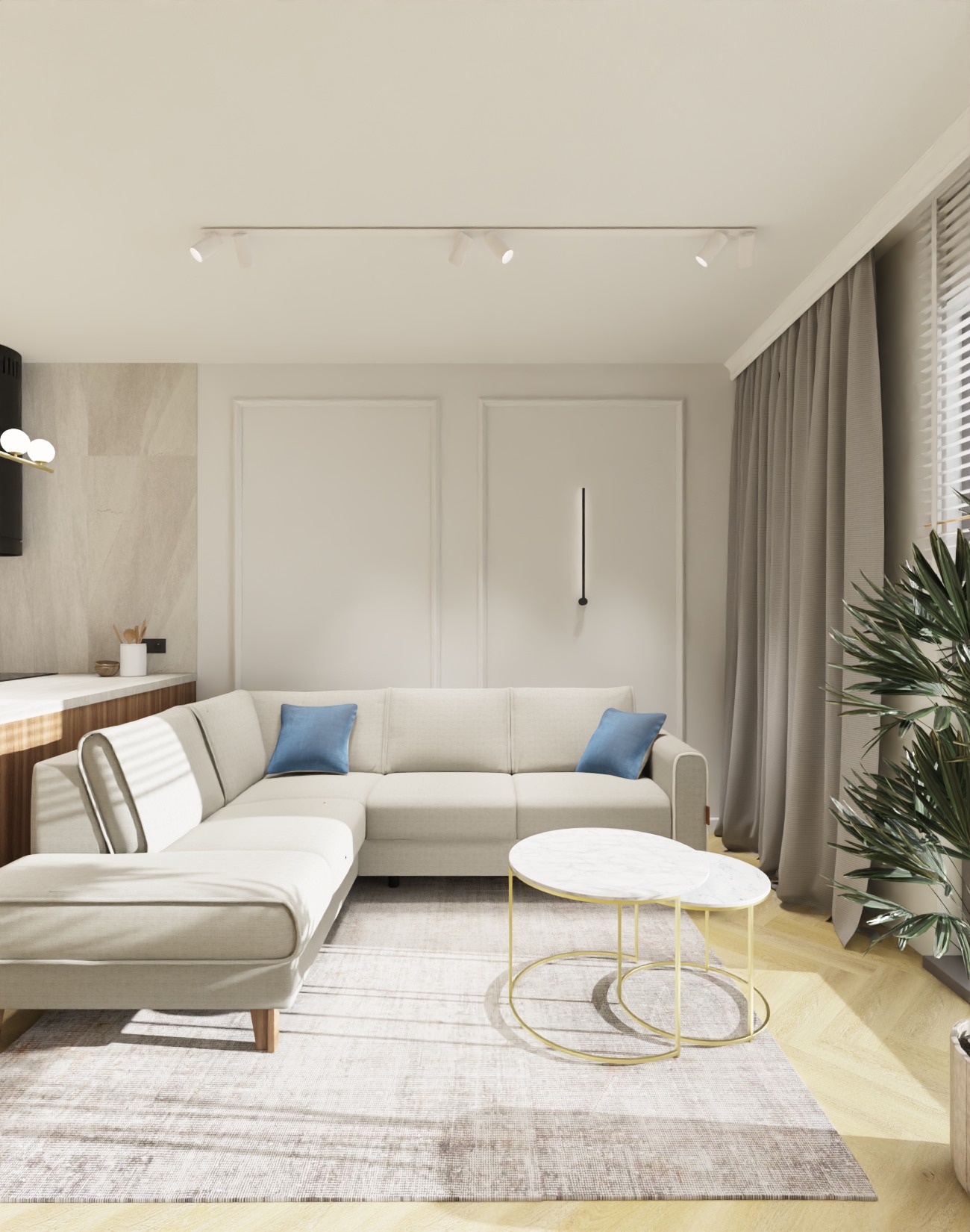 Jasny salon w Krakowie z narożnikiem, dywanem i stolikami kawowymi. Minimalistyczne oświetlenie punktowe i roślina doniczkowa dodają przytulności.