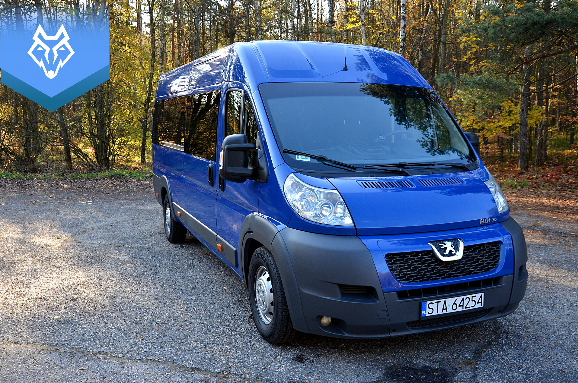 Niebieski Peugeot Boxer VIP 8+1 na tle jesiennego lasu, widoczna tablica rejestracyjna STA 64254.