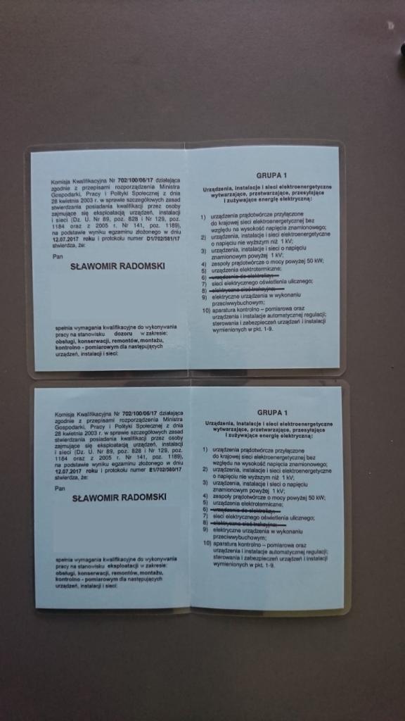 Skan dokumentu potwierdzającego uprawnienia elektryczne Sławomira Radomskiego, uprawniające do pracy na stanowisku dozoru w zakresie obsługi, konserwacji, remontów, montażu i kontrolno-pomiarowym...