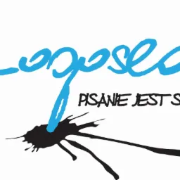 Niebieski napis 'Logosed' z czarną plamą atramentu i hasłem 'Pisanie jest sztuką' na białym tle.