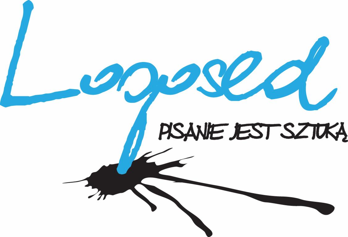 Niebieski napis 'Logosed' z czarną plamą atramentu i hasłem 'Pisanie jest sztuką' na białym tle.