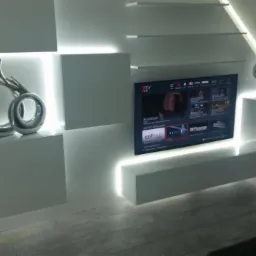 Nowoczesna ściana telewizyjna z białymi szafkami wiszącymi, podświetleniem LED, dekoracyjnymi wazonami i półkami w skosie poddasza.