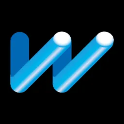 Stylizowane, trójwymiarowe logo w kształcie litery W, wykonane z niebieskich rurek z białymi zakończeniami, na czarnym tle.