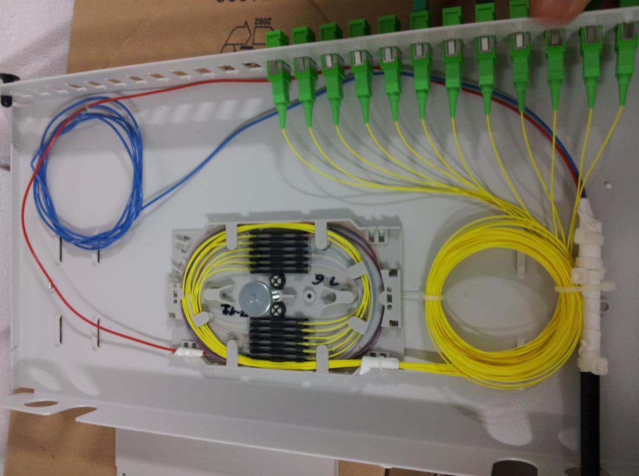 Panel krosowniczy światłowodowy z zielonymi złączami, uporządkowanymi kablami światłowodowymi wewnątrz kasety, oraz niebieskim i czerwonym kablem na zewnątrz.