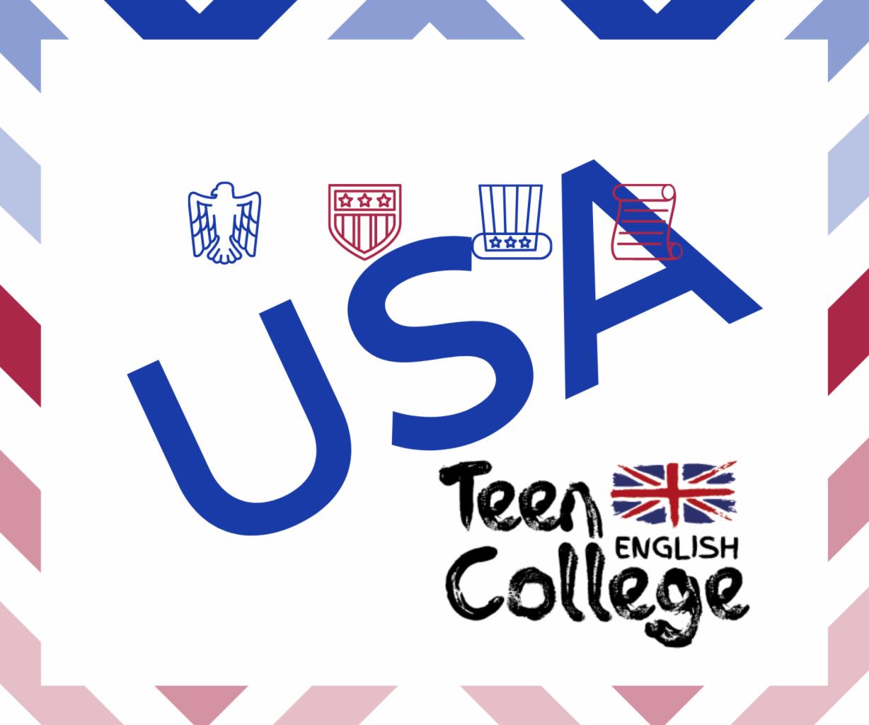 Grafika z napisem USA, symbolami amerykańskimi i brytyjską flagą, oraz hasłem Teen College English, otoczona geometrycznym wzorem.