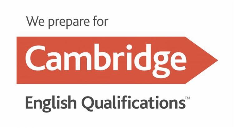 Logo Cambridge English Qualifications z napisem 'We prepare for' nad czerwoną strzałką z napisem Cambridge.
