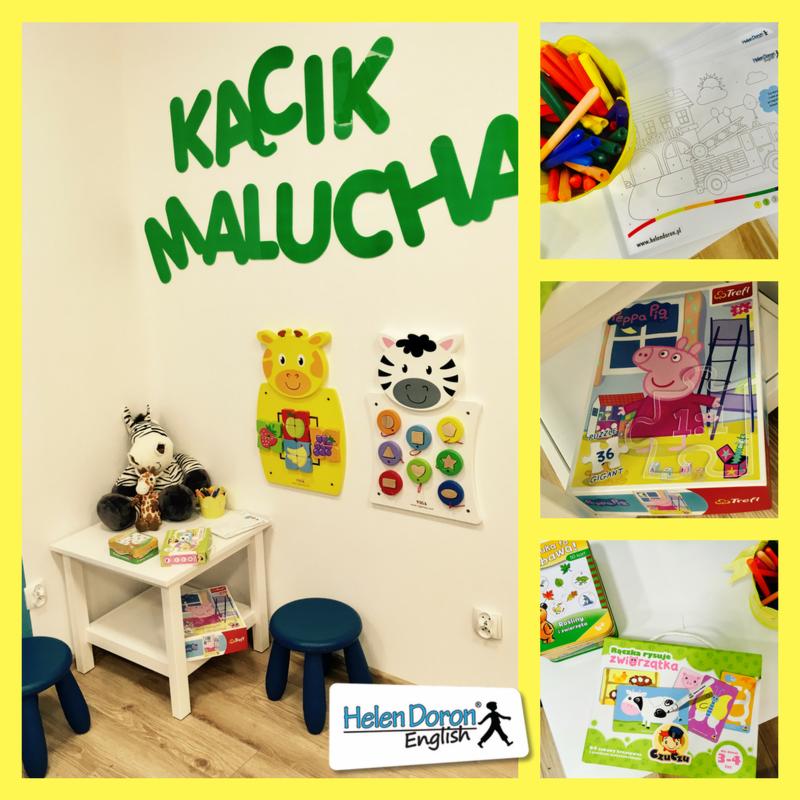 Sala zabaw dla dzieci w Brzesku z zielonym napisem 'Kącik Malucha' na ścianie, dekoracjami w kształcie zwierząt, stolikiem z zabawkami i logo Helen Doron English.