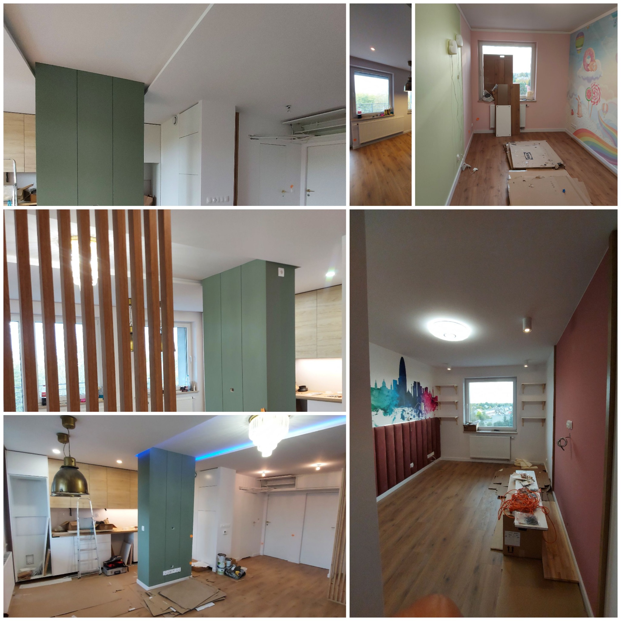 Wielokadrowy widok remontowanego mieszkania we Wrocławiu: montaż zabudowy kuchennej, instalacja oświetlenia, wykończenie ścian i podłóg w różnych pomieszczeniach.