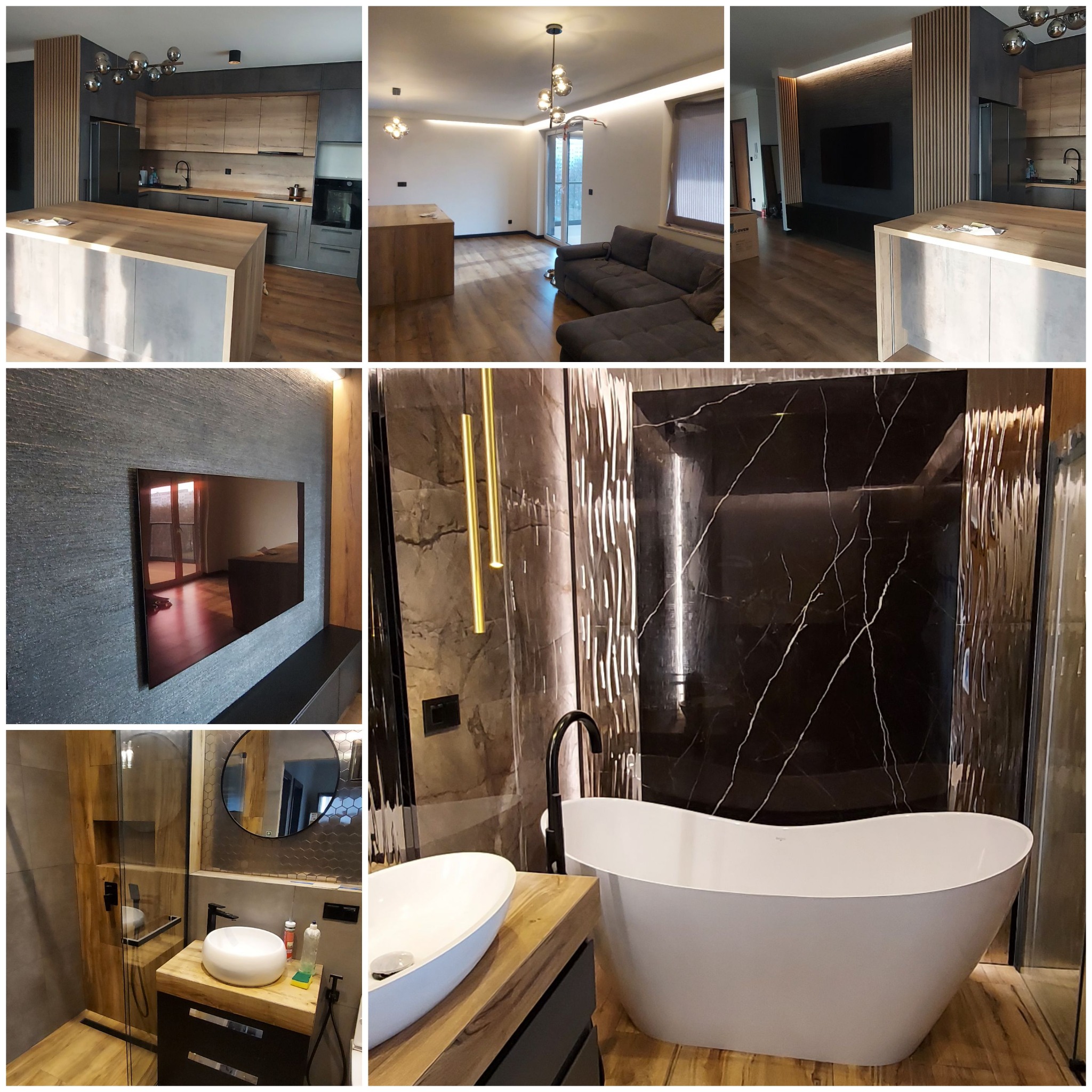 Kompozycja wnętrz: kuchnia z wyspą, salon z sofą i telewizorem, łazienka z wolnostojącą wanną i umywalką nablatową, prezentująca nowoczesny design i materiały wykończeniowe.