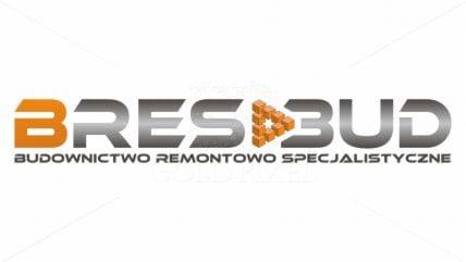 Logo firmy budowlano-remontowej BRES-BUD z pomarańczowym elementem graficznym w kształcie strzałki z kostek.