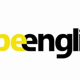 Logo beenglish.pl: Uśmiechnięta pszczoła czytająca książkę z flagą Wielkiej Brytanii.