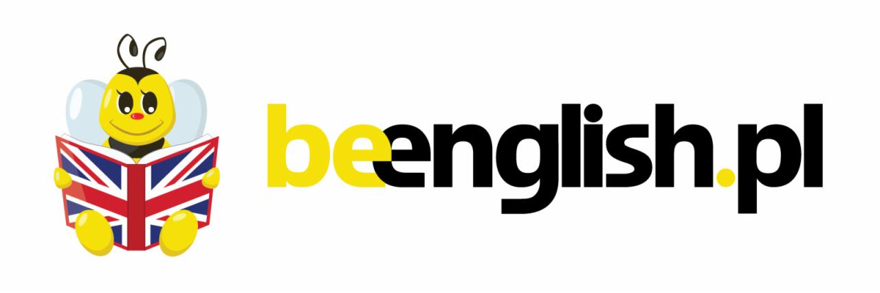 Logo beenglish.pl: Uśmiechnięta pszczoła czytająca książkę z flagą Wielkiej Brytanii.