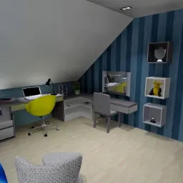 Wizualizacja pokoju młodzieżowego na poddaszu z biurkiem narożnym, krzesłem obrotowym, szafką nocną i półkami ściennymi w kształcie kostek.