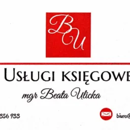 Wizytówka firmy świadczącej usługi księgowe w Suwałkach, z logo w czerwonym kwadracie, napisem 'Usługi Księgowe' oraz danymi kontaktowymi: numer telefonu i adres e-mail.