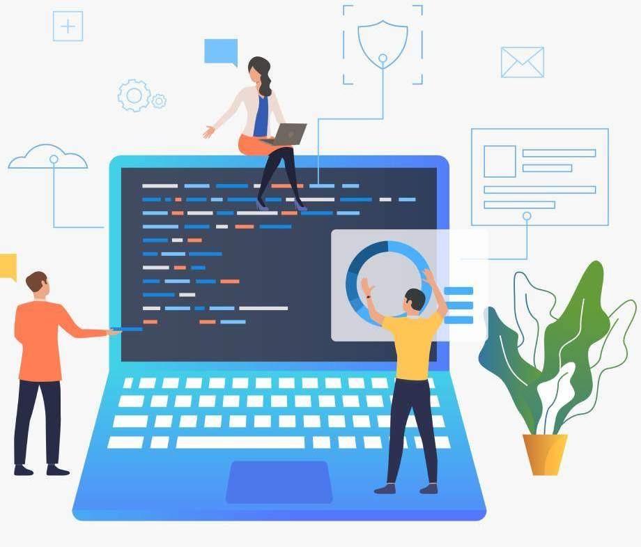 Ilustracja przedstawia trzech pracowników, z których jeden siedzi na dużym laptopie z kodem, a drugi analizuje wykres kołowy na ekranie, trzeci wskazuje na kod. Obok laptopa roślina doniczkowa...