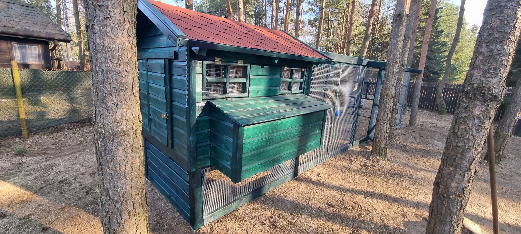 Świeżo pomalowany na zielono kurnik z czerwonym dachem, otoczony drzewami, z widoczną siatką i drewnianą konstrukcją.