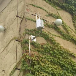 Biały punkt dostępowy Wi-Fi z dwiema antenami zamontowany na zewnętrznej ścianie budynku pokrytej bluszczem, widoczne kable i lampa zewnętrzna.