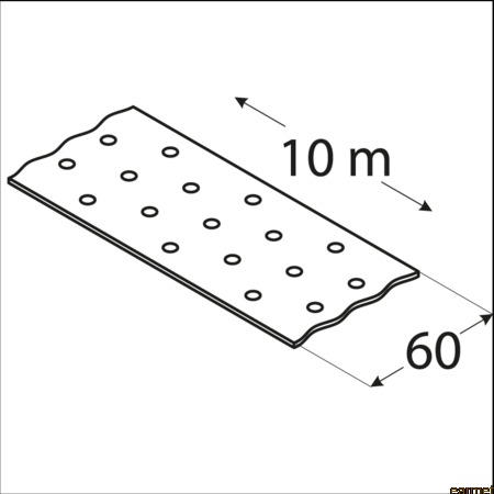 Rysunek techniczny perforowanej taśmy montażowej o wymiarach 10m x 60mm z równomiernie rozmieszczonymi otworami.