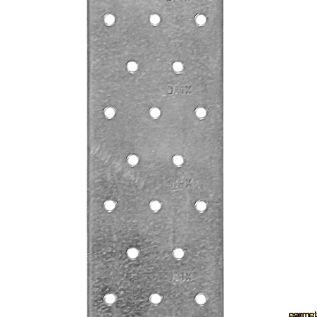 Perforowana, metalowa listwa montażowa z otworami w regularnych odstępach, widoczna faktura metalu.