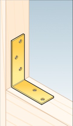 Złoty kątownik budowlany z otworami mocowany do drewnianej konstrukcji w rogu. Ilustracja techniczna.