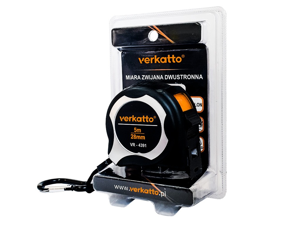 Dwustronna miara zwijana Verkatto 5m 28mm VR-4391 w przezroczystym opakowaniu, widoczny karabińczyk i adres strony internetowej producenta.