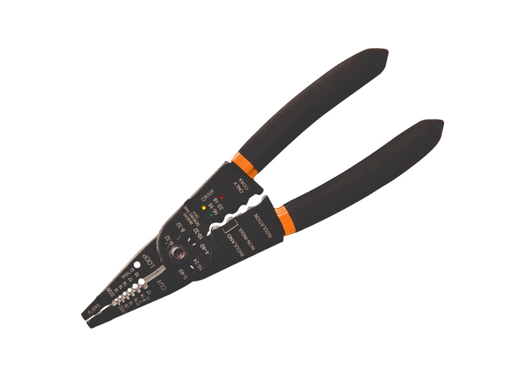 Szczypce do zdejmowania izolacji z przewodów, z czarnymi rękojeściami i pomarańczowymi akcentami, widoczne oznaczenia rozmiarów przewodów i funkcji cięcia, zaciskania i pętli.