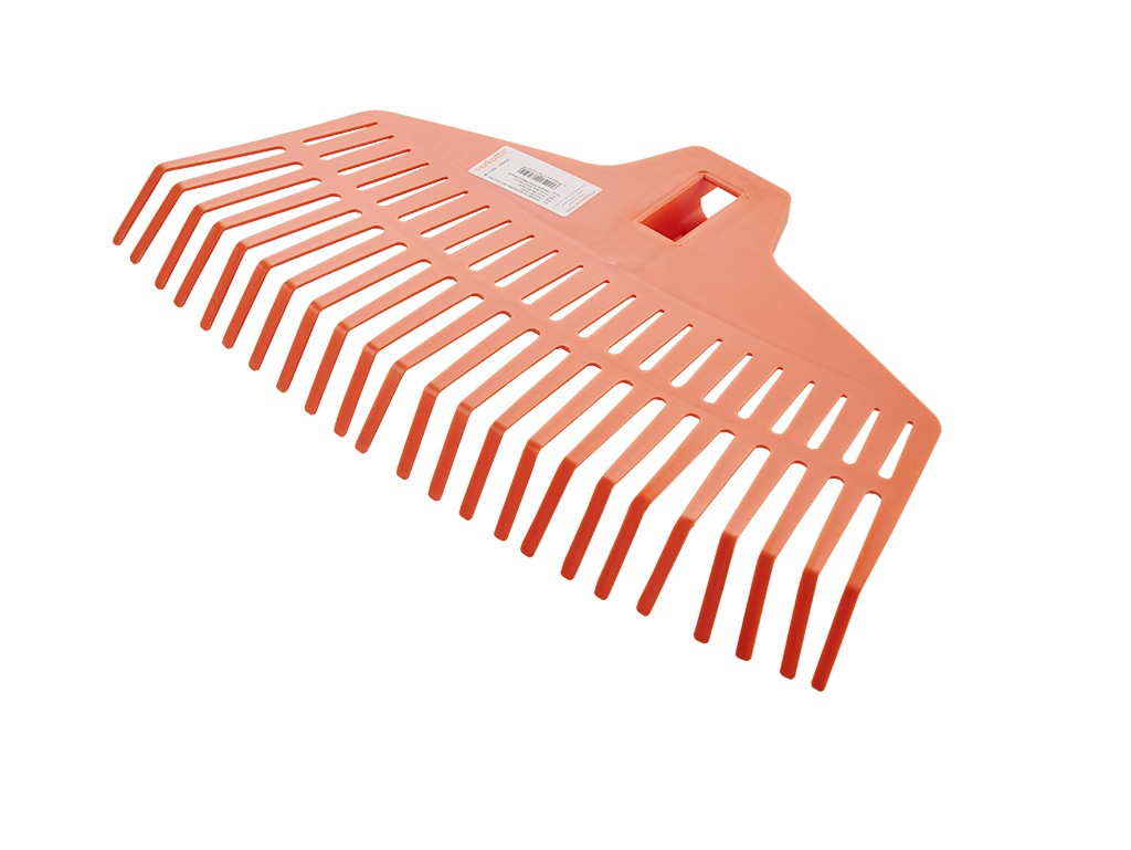 Pomarańczowe grabie do liści z tworzywa sztucznego, widoczne pod kątem na białym tle, z etykietą producenta.