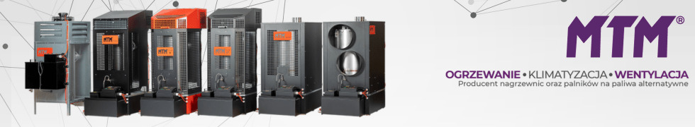 Rząd nagrzewnic MTM o różnej kolorystyce obudowy, od szarej po pomarańczową, na jasnym tle z logo firmy i napisem: ogrzewanie, klimatyzacja, wentylacja.
