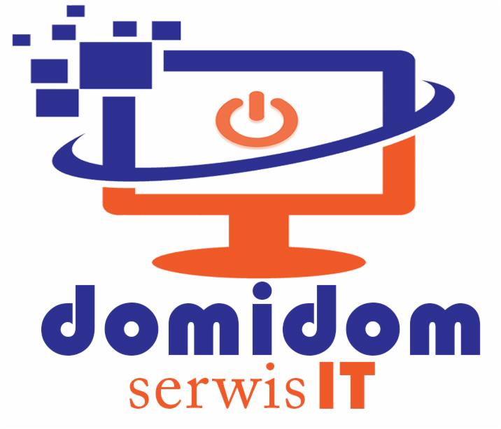 Logo firmy Domidom Serwis IT przedstawiające stylizowany monitor z przyciskiem włączenia, otoczony orbitą, z efektem pikselizacji w lewym górnym rogu.