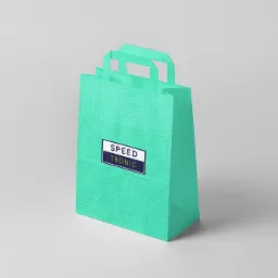 Turkusowa torba papierowa z uchwytami, ozdobiona wzorem przypominającym płytę główną komputera i logo 'SPEED TRONIC' w granatowej ramce, na jasnoszarym tle.