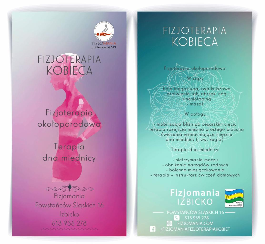 Ulotka reklamowa firmy Fizjomania oferującej fizjoterapię kobiecą, w tym okołoporodową i terapię dna miednicy, z adresem i numerem telefonu w Izbicku.