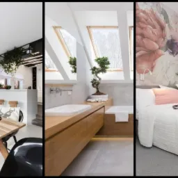 Kompozycja wnętrz: klasyczna jadalnia z okrągłym żyrandolem, nowoczesna jadalnia z wiszącymi roślinami, łazienka na poddaszu z bonsai, sypialnia z kwiatowym motywem na ścianie, kuchnia w odcieniach...