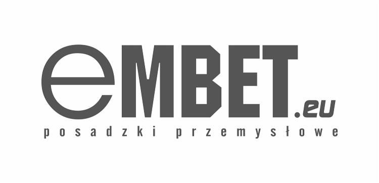 Szare logo firmy EMBET.eu z napisem 'posadzki przemysłowe' pod spodem, na białym tle.