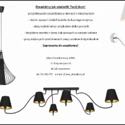 Katalogowe ujęcie prezentujące różne rodzaje lamp: wiszącą drucianą, kinkiet z abażurem i lampę sufitową z kilkoma kloszami, obok tekst reklamowy salonu oświetleniowego.