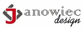 Logo firmy Janowiec Design z czerwoną literą J w szarym rombie i napisem w kolorze szarym i czarnym.