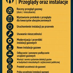 PU MARCO - Instalacje gazowe - Grafika informacyjna: Usługi gazowe - przeglądy i instalacje. Roczny przegląd, protokoły, uruchomienie, usuwanie nieszczelności, modernizacje, nowe instalacje, detekcja gazów.