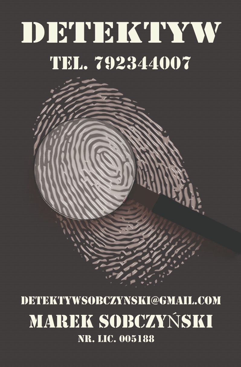 Grafika: odcisk palca pod lupą, dane kontaktowe i imię Marek Sobczyński. Numer licencji na ciemnoszarym tle. Czcionka wojskowa.