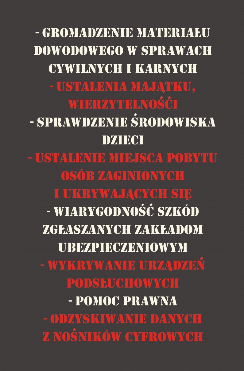 Lista usług detektywistycznych: ustalenia majątku, poszukiwanie osób zaginionych, wykrywanie podsłuchów, gromadzenie dowodów, pomoc prawna i odzyskiwanie danych.