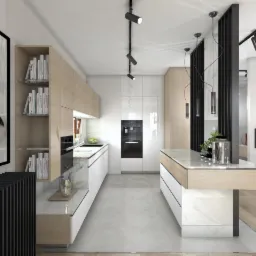 Wizualizacja nowoczesnej kuchni z wyspą, białymi frontami szafek i drewnianymi akcentami, oświetleniem punktowym i czarnymi elementami dekoracyjnymi, z dużym obrazem na ścianie i dekoracjami...